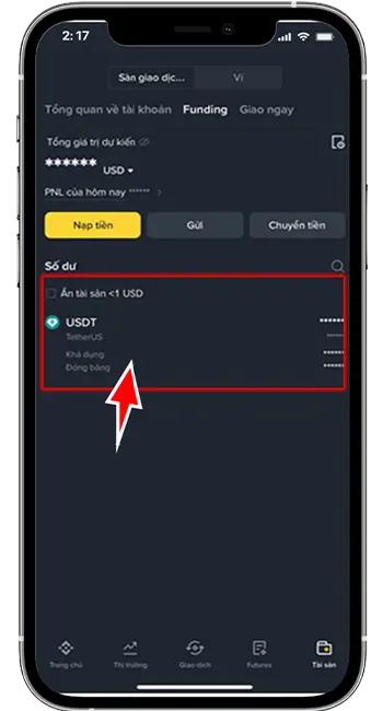 Bước 2: Chọn vào dòng USDT kiểm tra các lệnh nạp/rút